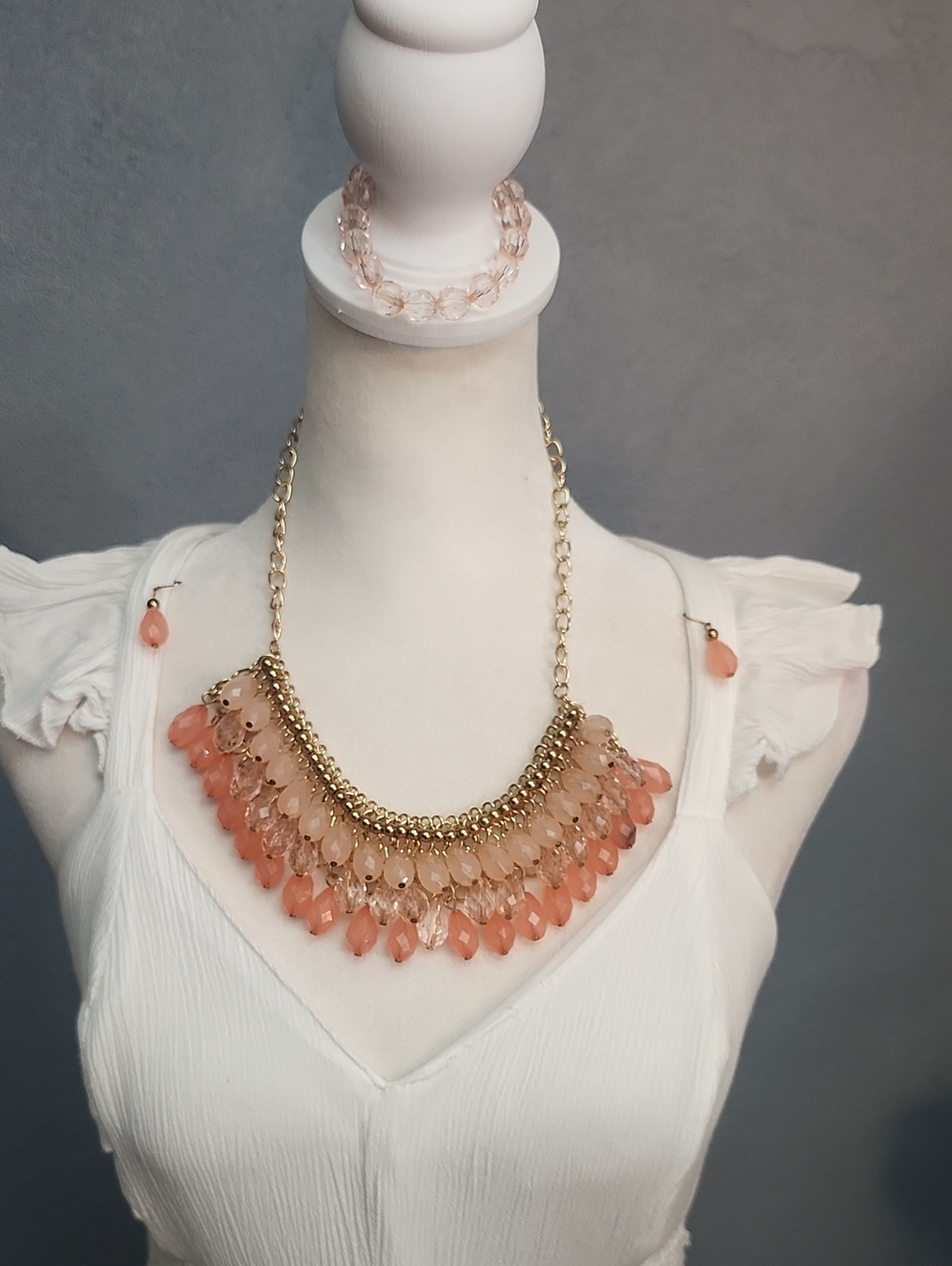 Statement Peach Teardrop Fringe Necklace, Bracelet and earrings - Gold Chain